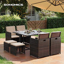 GGF009K02 Polyrattan Lounge Dining Room Furniture Dining Table and Chairs Set of 9 PE Rattan Patio Furniture Coffee Table with Glass Top with Cushions Space Saving Brown / Beige